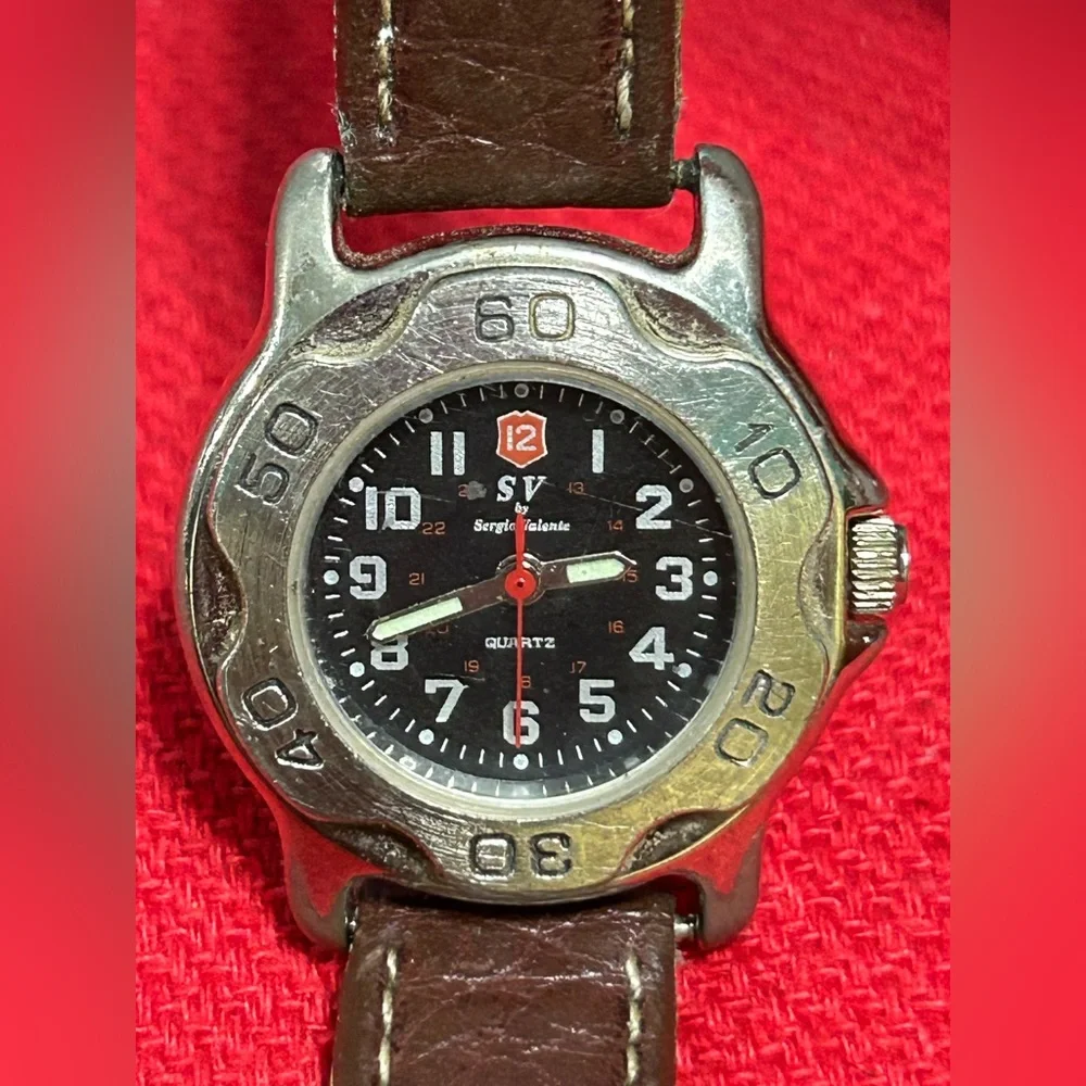 SV by‎ SERGIO VALENTE Quartz Watch Black Dial Brown Leather Band NEW BATTERY